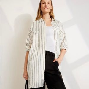 The Way-Long Linen Shirt in Black/Canvas tan.